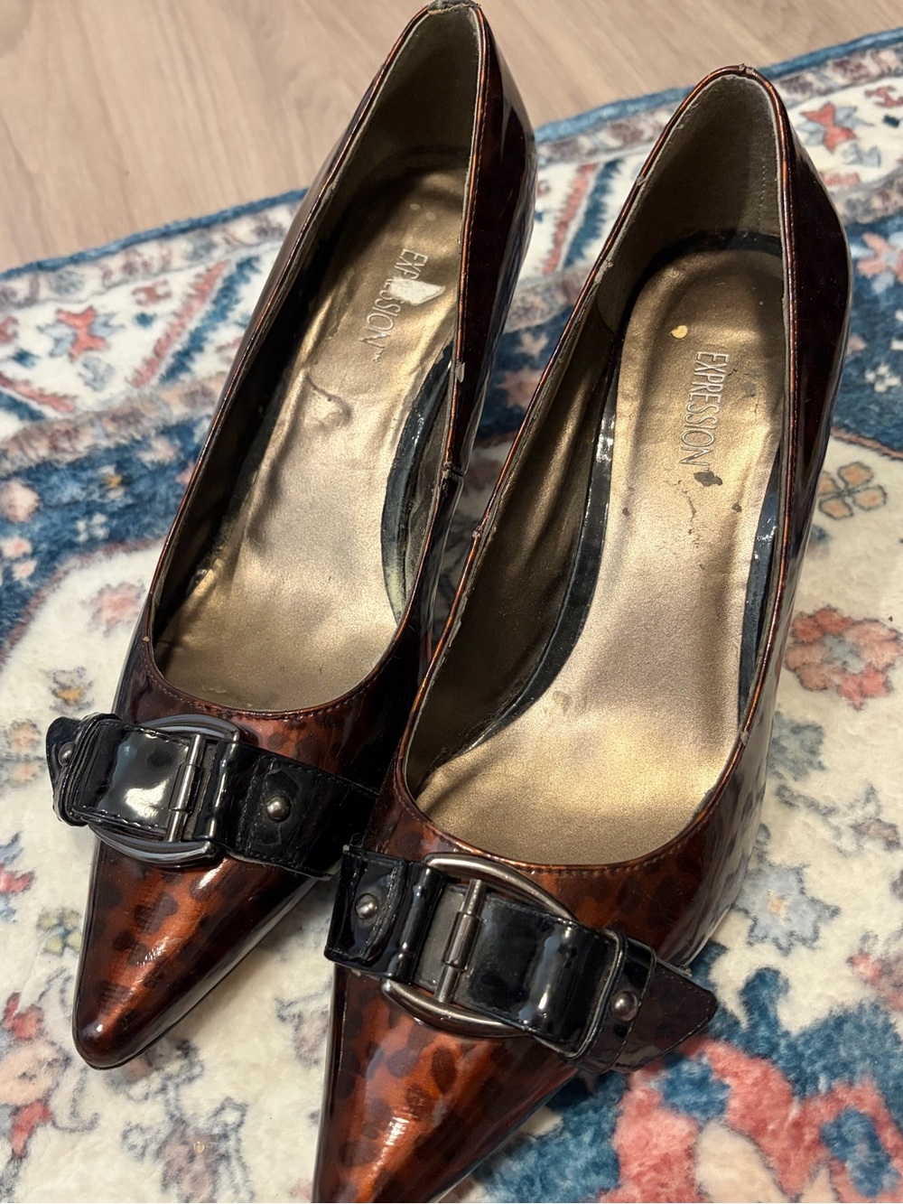 Vintage Expressions Leopard Print Pointed Toe Pumps with Buckle - Brown
